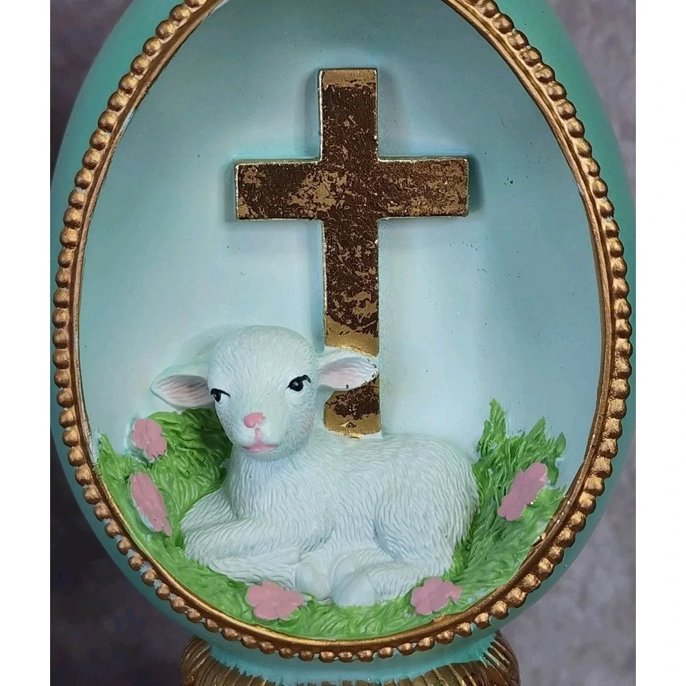 Easter Diorama Green Gold Sheep Lamb Cross Figurine Pedestal Resin 10